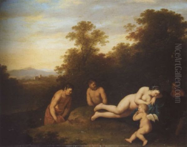 A Landscape With Venus And Cupid Surprised By Satyrs by Johan van Haensbergen