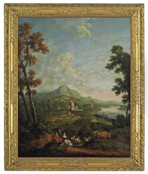 A Mountainous Wooded River Landscape With A Fortified Town In The Middle Distance, Figures Resting On A Track With Livestock In The Foreground by Willem van der Hagen