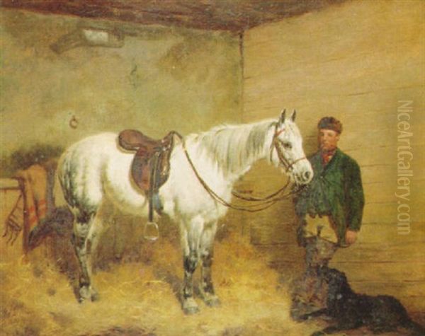 Horse And Groom In A Stable by Harry Hall