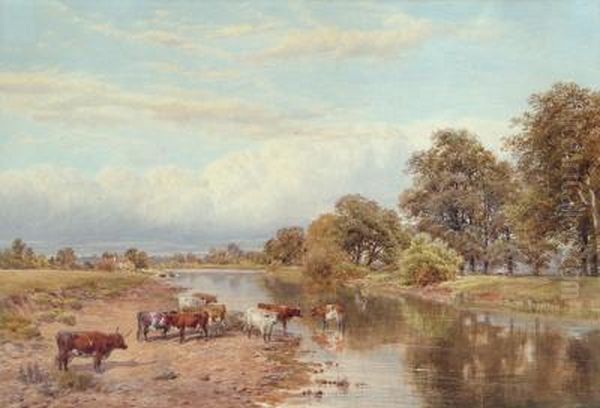 Riverscene In Summertime With Cattle Watering by James Walsham Baldock