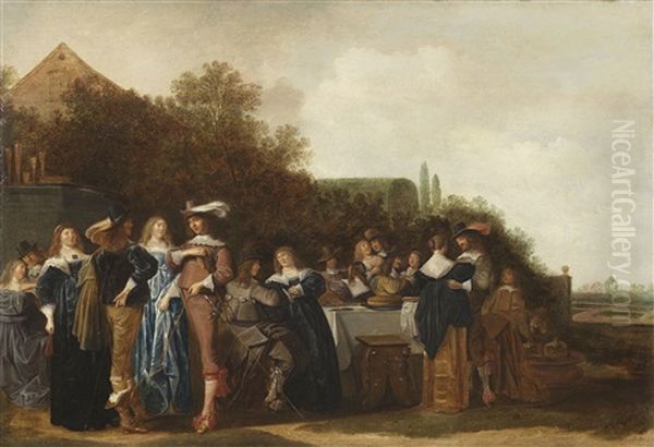 Hofische Gesellschaft Im Freien, Rechts Blick In Einen Barockgarten by Dirck Hals