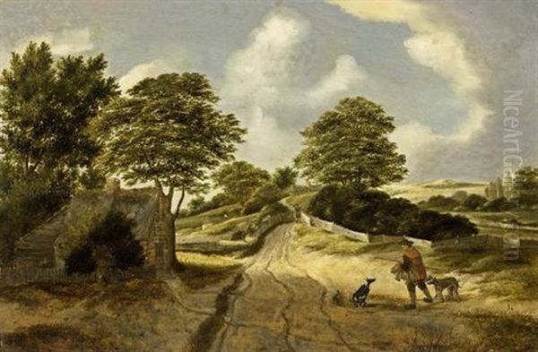 A Dune Landscape With A Sportsman And His Dogs On A Path Near A Cottage by Nicolaes Hals