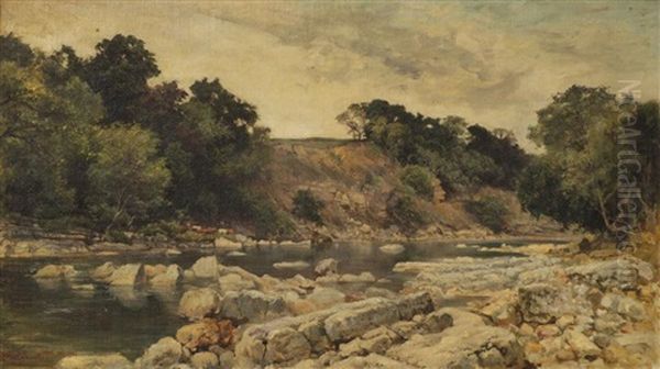 River Landscape With Woodland And Cattle By The Shore by Keeley Halswelle