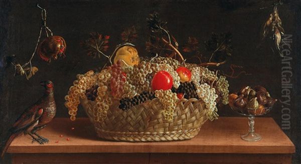 Grapes And Other Fruit In A Basket On A Table by Juan Van Der Hamen Y Leon