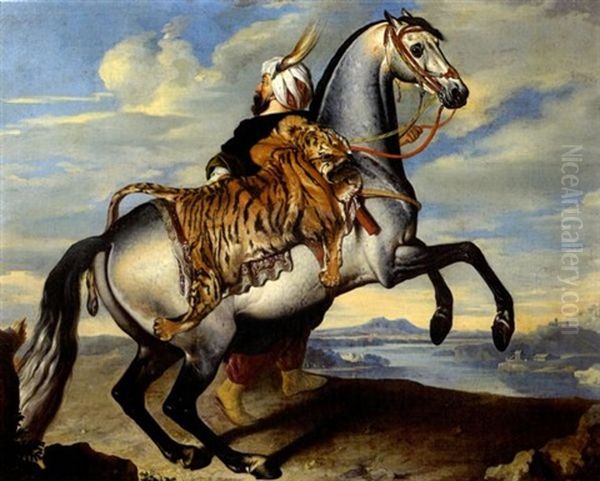 Etalon Arabe Cabre, Avec Une Peau De Tigre Pour Tapis De Selle, Et Son Groom by Johann Georg de Hamilton