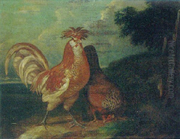 A Cockerel And A Hen In A Landscape by Philipp Ferdinand de Hamilton