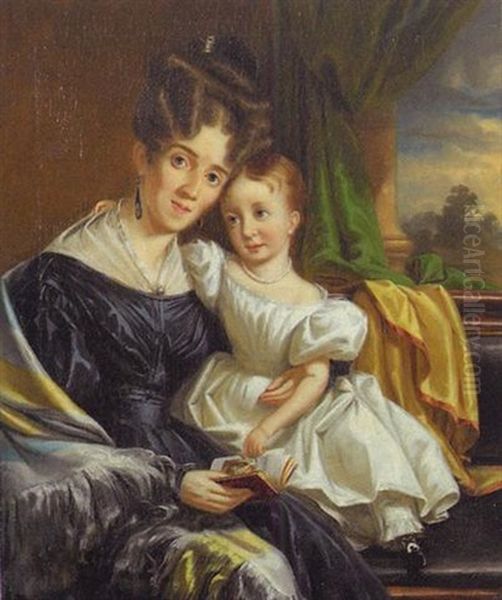 Family Portrait Of Mother Reading To Child On Her Lap, Seated Beside A Window With Elaborate Drapery by William M. (R.) Hamilton