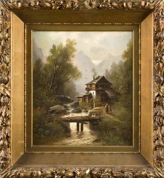 Berglandschaft Mit Wassermuhle Und Figurenstaffage by Guido Hampe