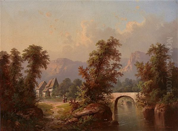 Aus Tirol. Sommerliche Landschaft Mit Flusslauf Und Steinerner Brucke, Hausern Und Figurenstaffage Vor Gebirgshorizont by Guido Hampe