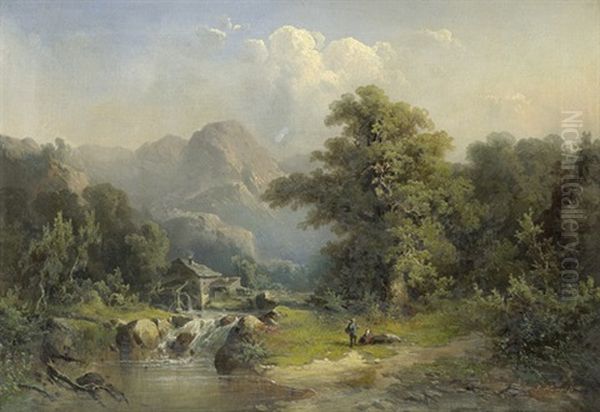 Idyllische Gebirgslandschaft Mit Einem Rastenden Paar An Einem Wasserfall by Guido Hampe