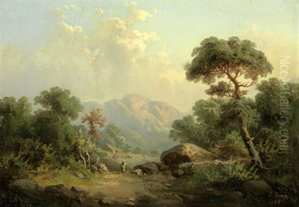 Sudliche Landschaft Mit Einer Bauerin Auf Einem Felsigen Weg Im Vorgebirge by Guido Hampe