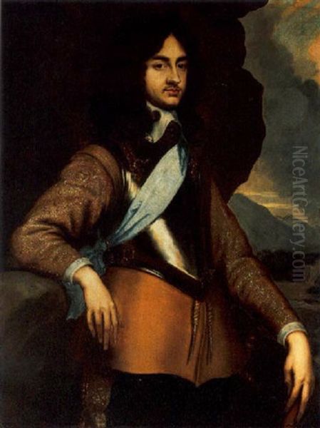 A Portrait Of Charles Ii Stuart, Standing, Wearing A Yellow Coat With Harnass And Blue Sash, In A Landscape by Adriaen Hanneman