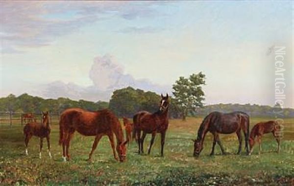 Grazing Horses by Adolf Heinrich Claus Hansen