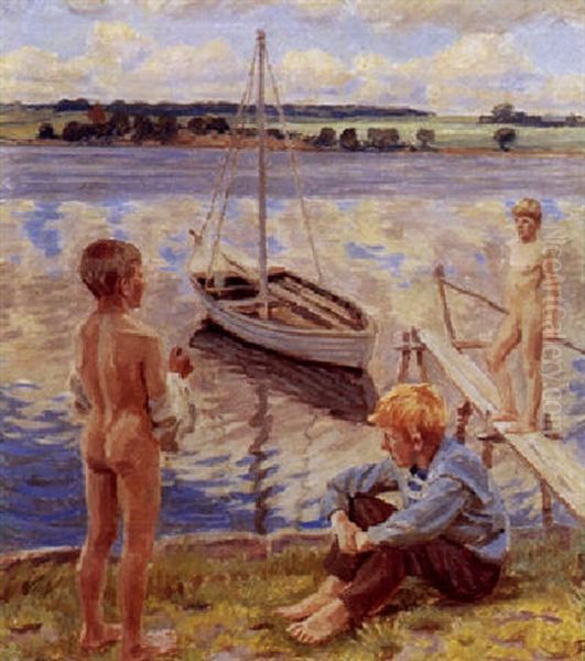 Tre Drenge Ved En Badebro by Peter Marius Hansen