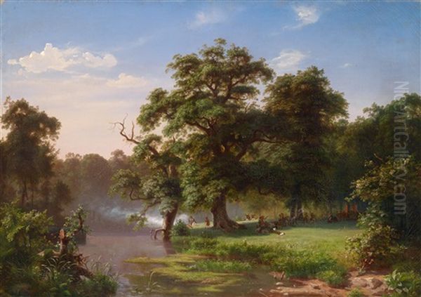 Romantische Waldlandschaft Mit Frohlich Feiernden Studenten by Peter Heinrich Happel