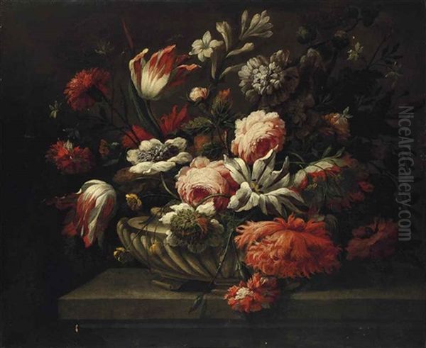 Roses, Tulips And Carnations In A Porcelain Vase, On A Stone Ledge by Pieter Hardime