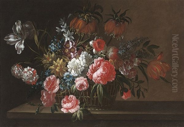 Roses, Carnations, Tulips, Cornflowers, Camelias And Other Flowers In A Wicker Basket, On A Stone Ledge by Simon Hardime