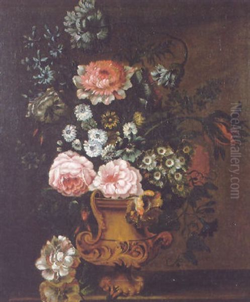 A Still Life Of Roses, Hyacinths, Tulips And Other Flowers In An Elaborate Gilt Vase On A Stone Ledge by Simon Hardime