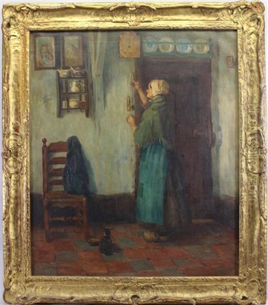 Painting Of A Woman And A Cat In An Interior Setting by Melbourne H. Hardwick