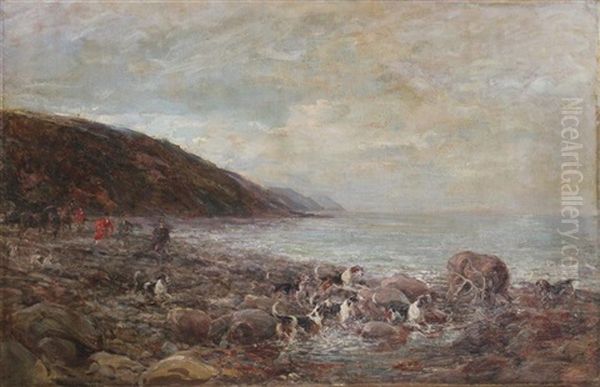 Dogs Cornering A Stag On A Rocky Coast by Heywood Hardy