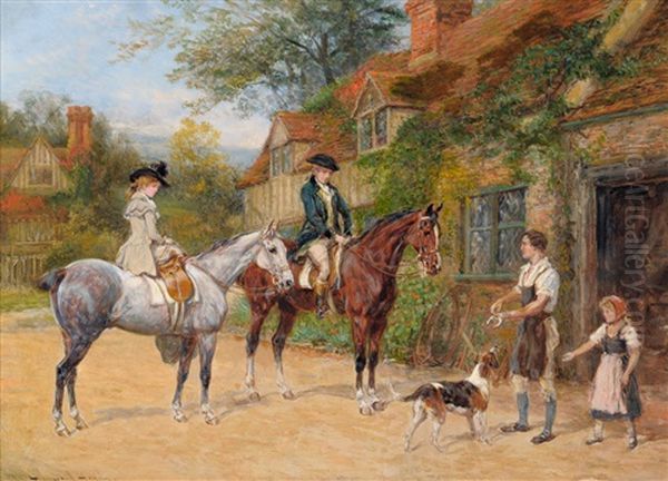 Lady And Gentleman On Horseback Beside A Blacksmith's Forge by Heywood Hardy