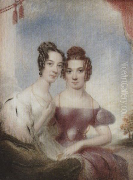 Grandmother Brierley And Great Aunt Morewood Seated By A Pillar, One Wearing White Dress And Ermine Shawl, The Other Wearing Mauve Dress, ... by Thomas Hargreaves