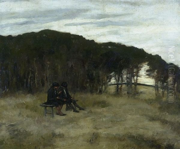 Figures On A Bench Surrounded By Dunes (+ Landscape With Water Tower, Smllr; 2 Works) by Cornelia Van Der Hart