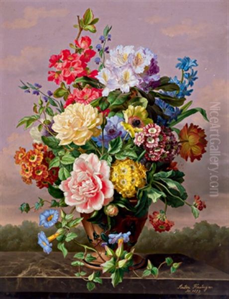 Groses Blumenstuck Mit Rosen, Tulpen, Schlusselblumen, Hyazinthe, Iris Und Wicken by Anton Hartinger