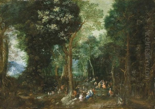 A Wooded Landscape With Saint John The Baptist Preaching by Johannes Jakob Hartmann