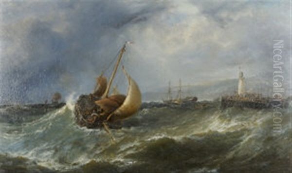 Freshening Gale, Scarboro - Fishing Boats Returning To Harbour by Edwin Hayes