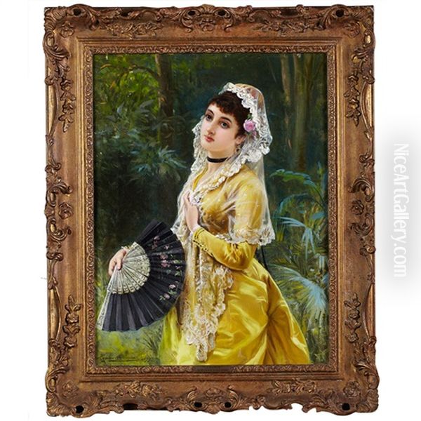 La Rubia (beauty In Yellow Holding A Fan) by John Haynes-Williams