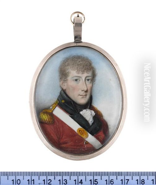 An Officer, Wearing Red Coat With Black Facings And Standing Collar, Gold Buttons And Epaulettes, White Cross Belt With Oval Gilt-metal Belt Plate... by Thomas Hazlehurst