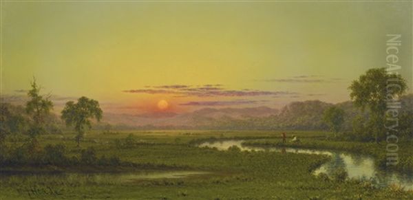 Two Fishermen In The Marsh, At Sunset (new Jersey Marshes) by Martin Johnson Heade