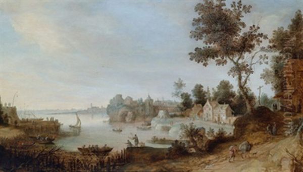 Eine Belebte Flusslandschaft Mit Einem Stadtchen Im Hintergrund, Im Vordergrund Reisende Auf Einem Pfad by Claes Dircksz van der Heck