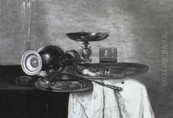 Upturned Ewer, Tazza, Herring, Fob-watch And Dishes On A Draped Table by Willem Claesz Heda