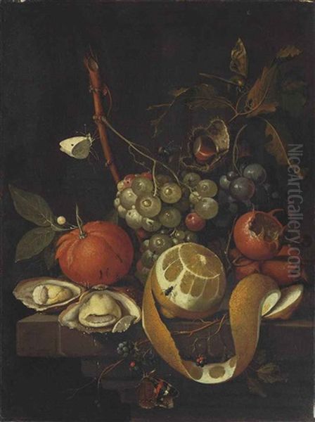 Grapes, A Lemon, Oysters, A Chestnut, Blackberries And Other Citrus Fruits On A Stone Ledge With Butterflies, A Fly, A Bee And Ants by David Cornelisz Heem III