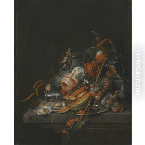 A Still Life Of Oysters, Grapes, Cherries, Roses, Corn, Snails, A Melon And A Silver Sugar Shaker On A Stone Plinth by David Cornelisz Heem III