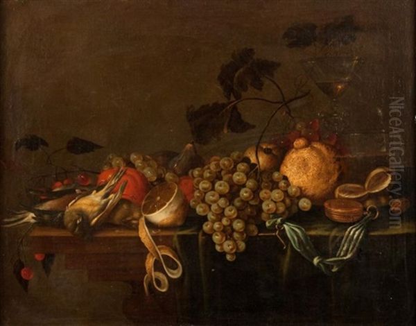 Nature Morte Aux Raisins, Citrons Et Oiseaux by Cornelis De Heem