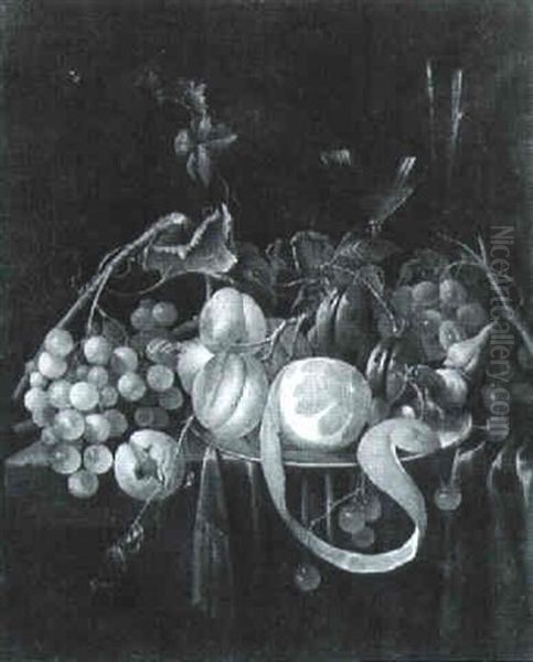 Still Life Of Apricots, Cherries And A Half Peeled On       A Pewter Plate On A Table Withgrapes And Vines by Cornelis De Heem