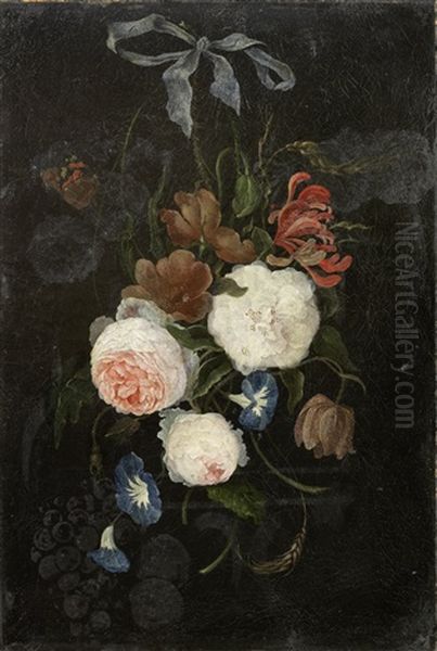 Roses, Convolvulus, Honeysuckle And Other Flowers In A Swag Held With A Blue Ribbon by Jan Davidsz De Heem