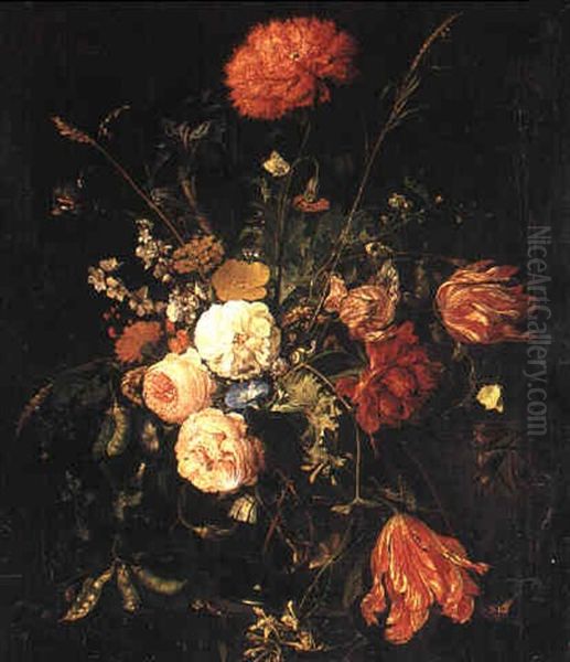 Still Life Of Roses, Tulips, Carnations, Irises, Corn And   Sweet Peas In A Vase by Jan Davidsz De Heem