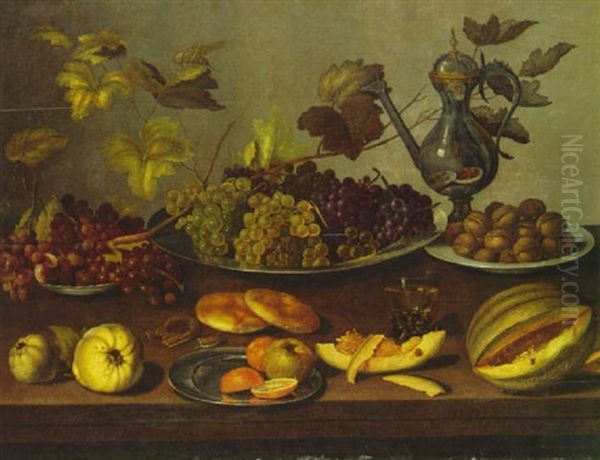 Still Life With Grapes And Walnuts On Plates, An Orange And An Apple On A Plate... by Jan Davidsz De Heem