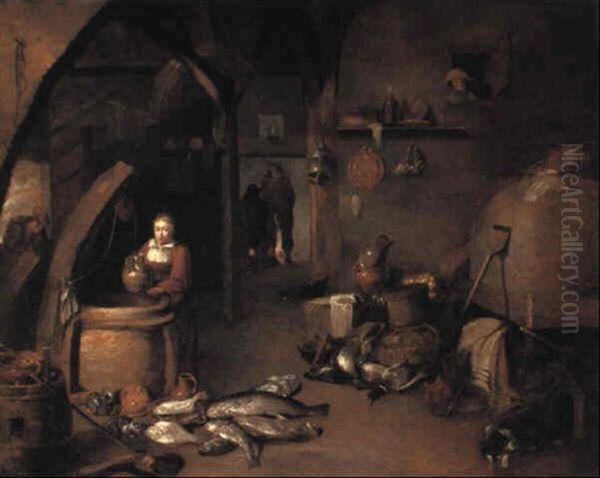 Kitchen Interior With Woman Drawing Water From Well by Egbert van Heemskerck the Younger