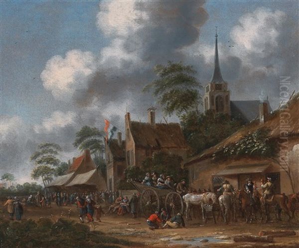 A Village Road With A Crowd Of Celebrating Figures by Thomas Heeremans