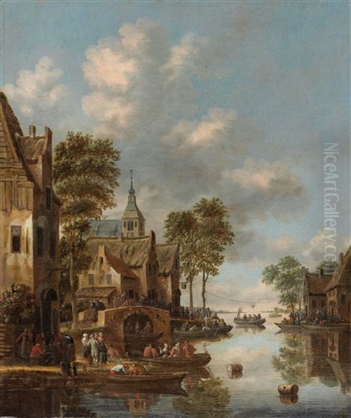 A River Landscape With Celebrating Villagers by Thomas Heeremans