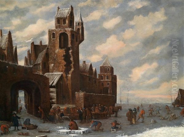 Ice Skaters Outside The Gates Of A Town by Thomas Heeremans