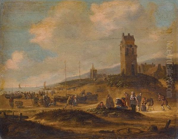 A View Of Scheveningen With Fishermen Selling Their Catch by Thomas Heeremans