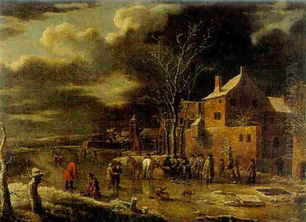 A Winter Landscape With Figures Skating On A Canal Outside A Village by Thomas Heeremans