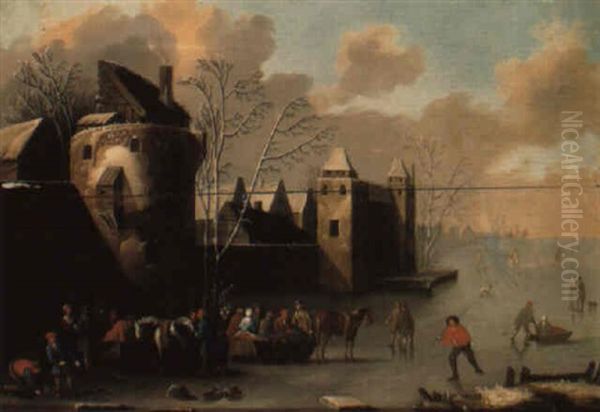 Peasants Skating On A Frozen River By A Fortified Town by Thomas Heeremans