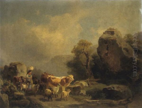 Hirte Mit Seiner Herde Am Weg Zur Tranke by Joseph Heicke